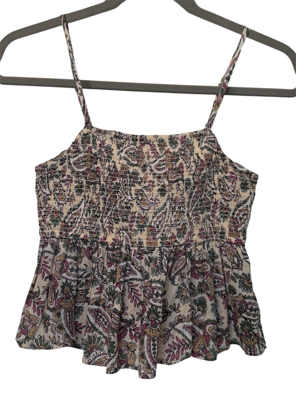 Patrons of Peace Cream Floral Smocked Peplum Cami with Pink & Green Accents